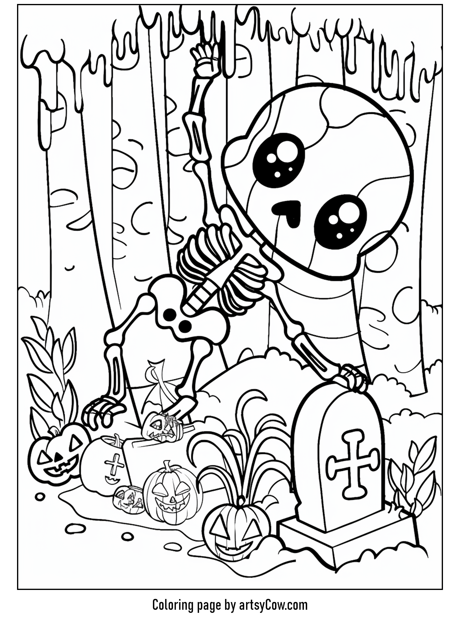 a playful skeleton in a graveyard surrounded by pumpkins and eerie trees